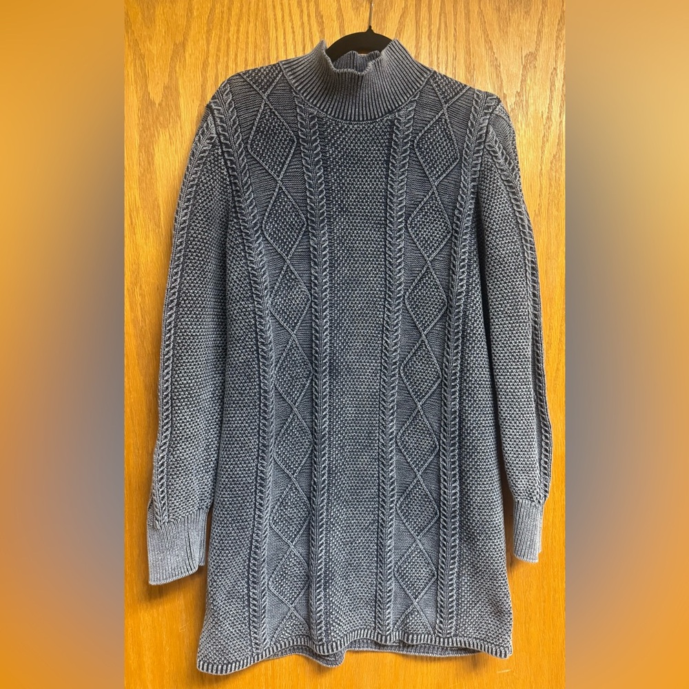 Free People Washed Navy Cable Knit Turtleneck Sweater Dress